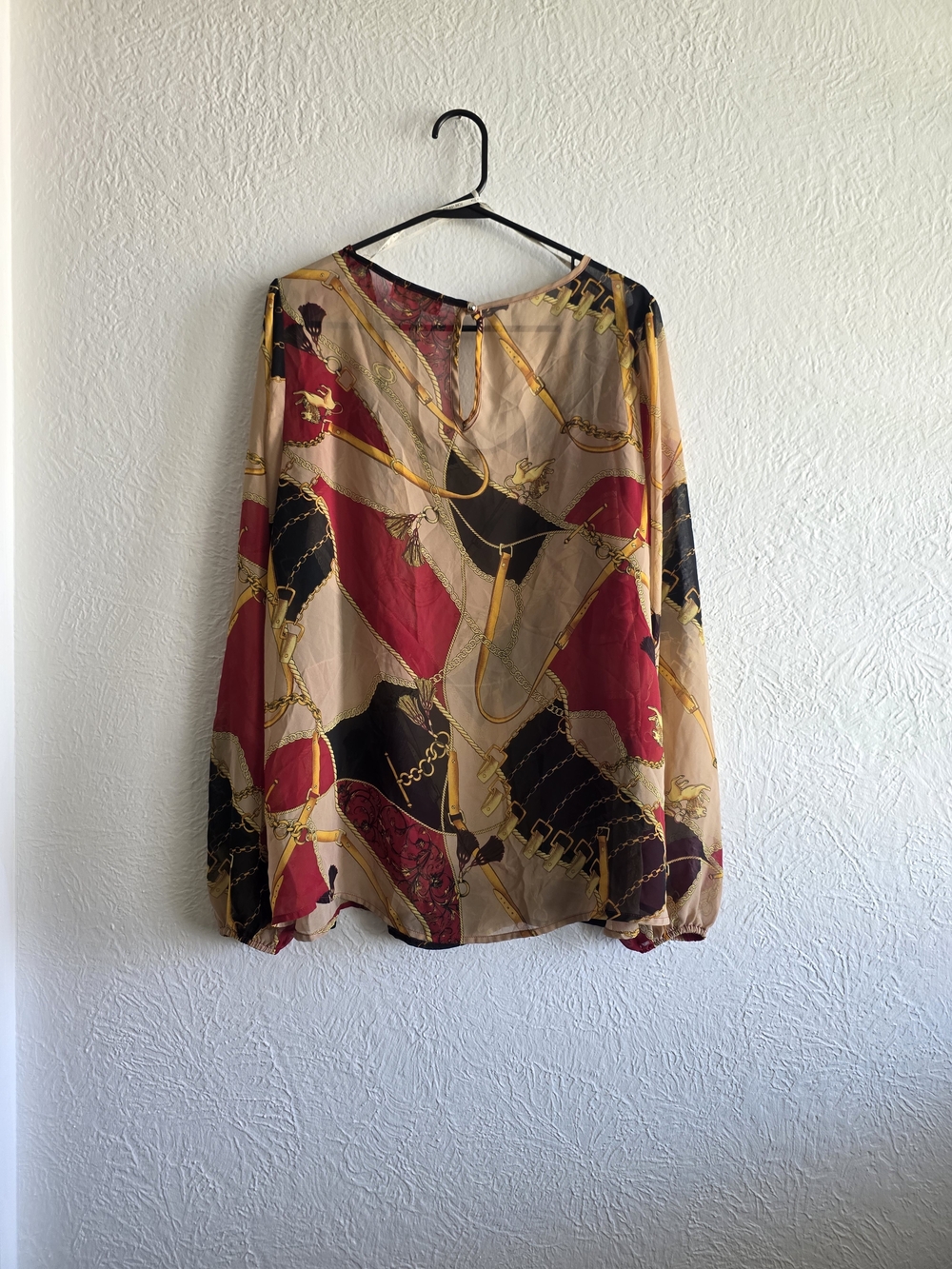 Forever 21 Sheer Lion & Chain Print Long Sleeve Blouse in Beige Red & Black